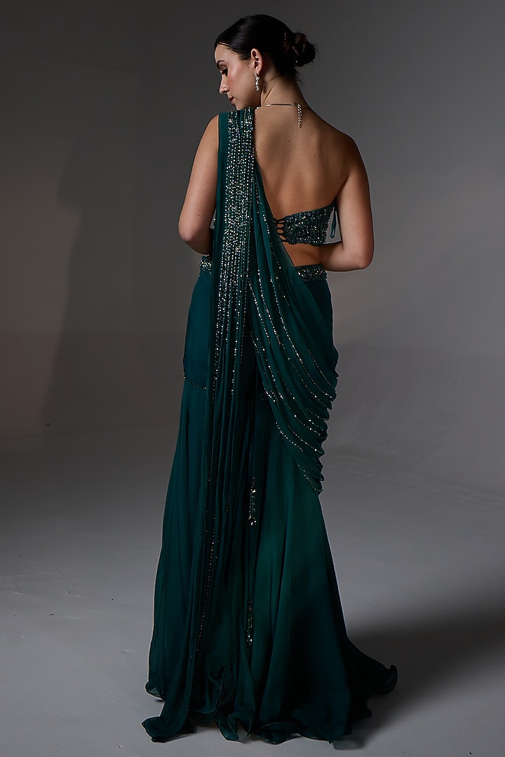 Teal Green Organza Tassels Hand Embroidered Sharara Wedding Saree Set by Jade By Ashima at Pernia's Pop Up Shop