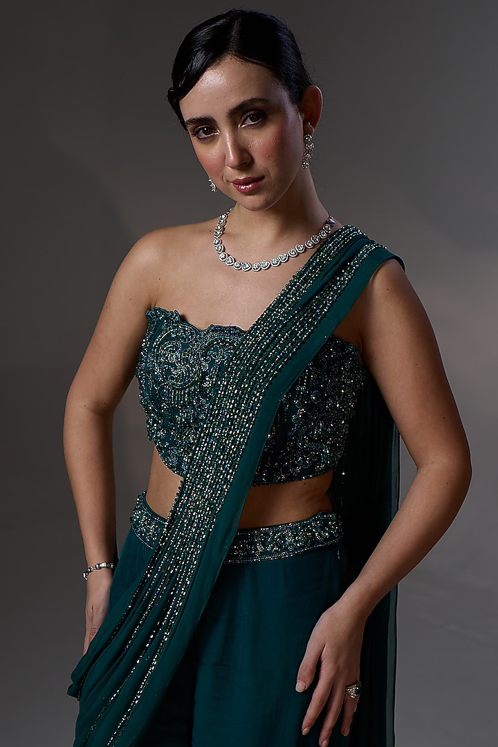 Teal Green Organza Tassels Hand Embroidered Sharara Wedding Saree Set by Jade By Ashima at Pernia's Pop Up Shop