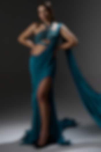 Teal Green Crepe & Organza Draped Trail Wedding Saree Set by Jade By Ashima at Pernia's Pop Up Shop