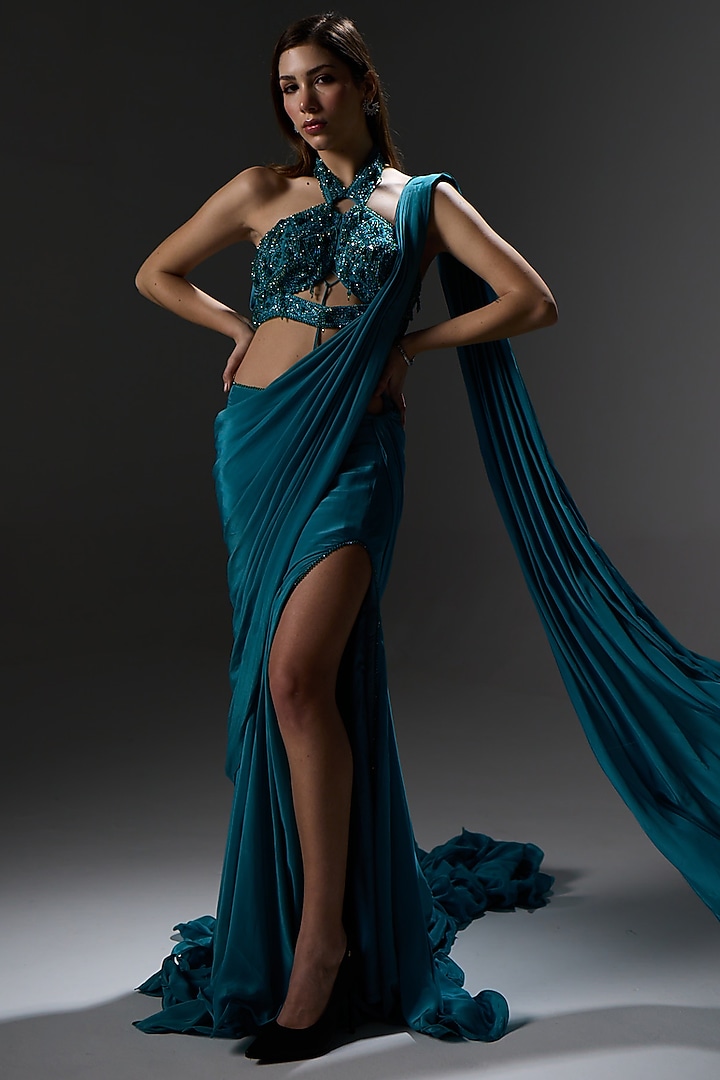 Teal Green Crepe & Organza Draped Trail Wedding Saree Set by Jade By Ashima at Pernia's Pop Up Shop