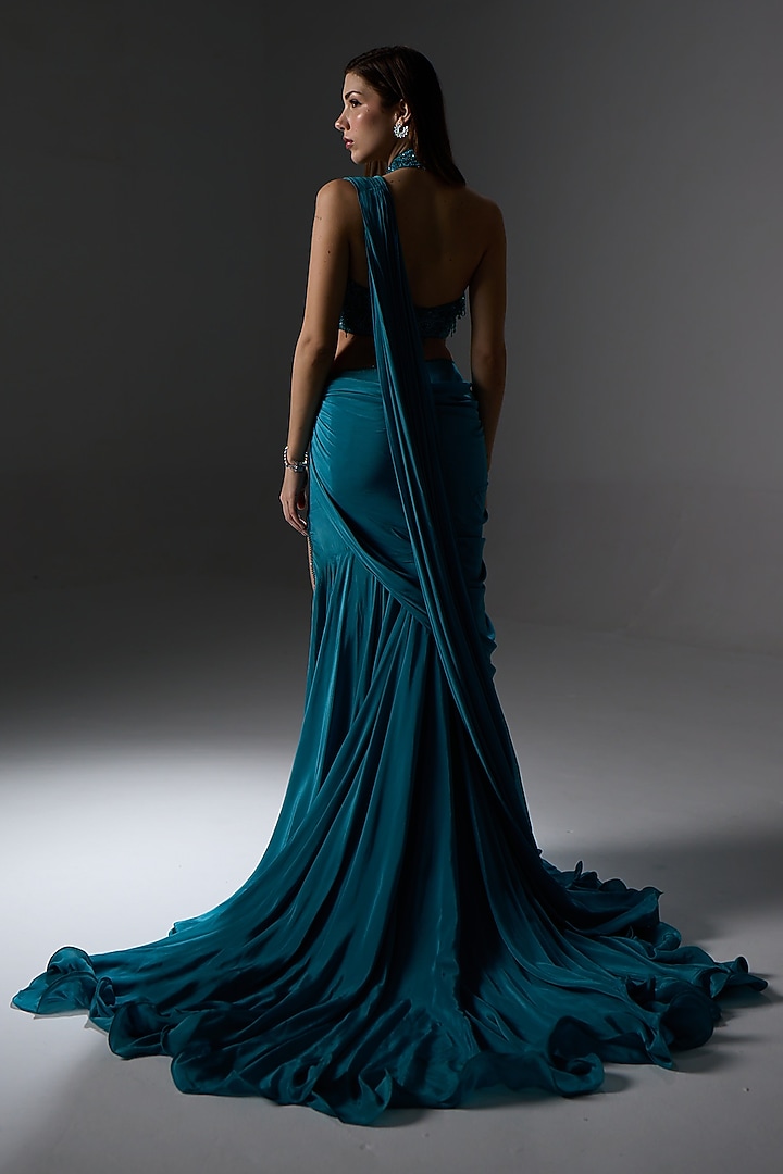 Teal Green Crepe & Organza Draped Trail Wedding Saree Set by Jade By Ashima at Pernia's Pop Up Shop