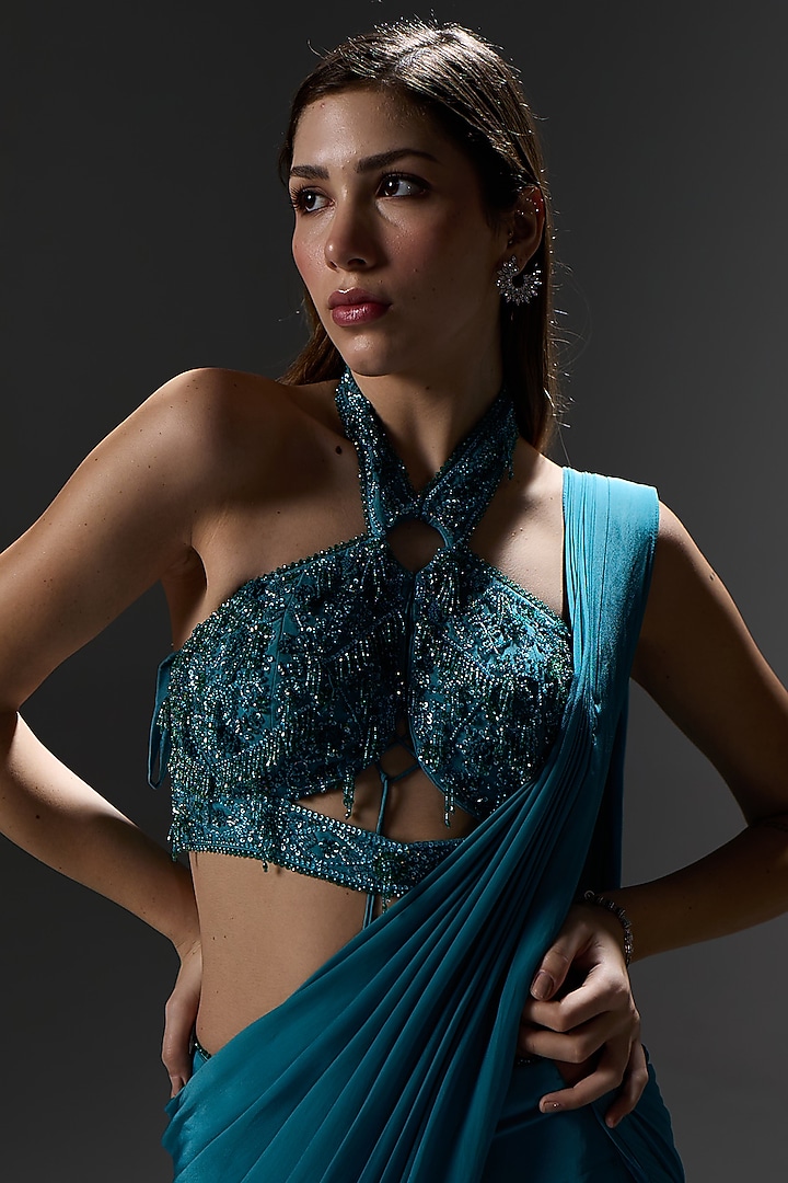 Teal Green Crepe & Organza Draped Trail Wedding Saree Set by Jade By Ashima at Pernia's Pop Up Shop