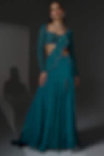 Aqua Teal Organza Trail Draped Wedding Saree Set by Jade By Ashima at Pernia's Pop Up Shop