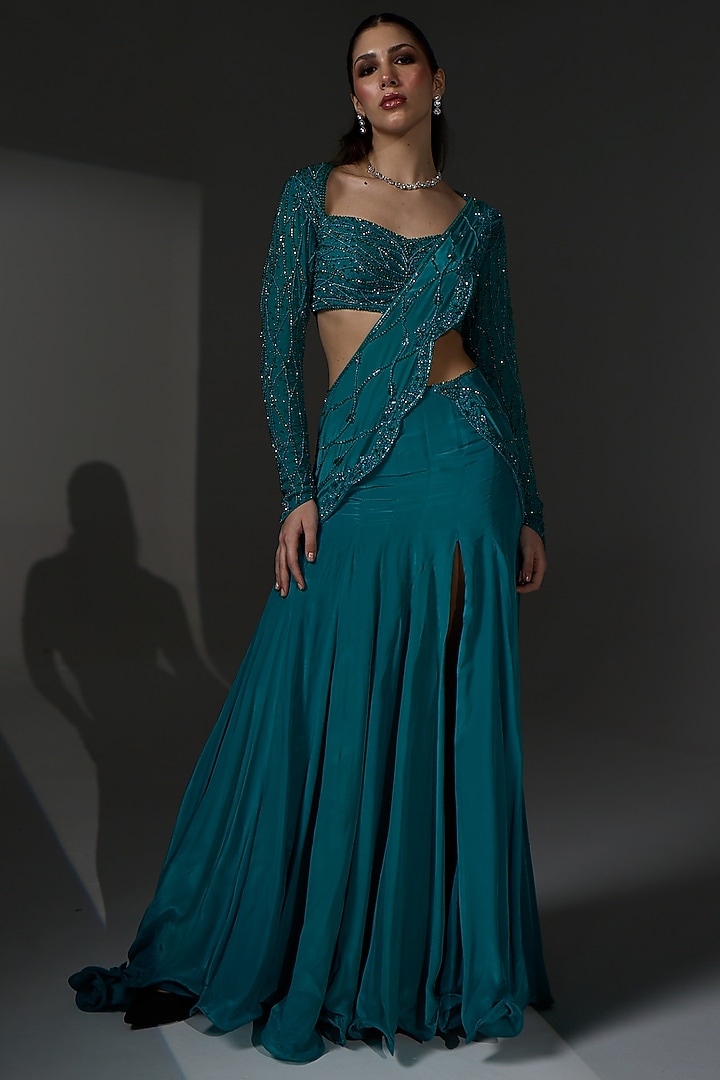 Aqua Teal Organza Trail Draped Wedding Saree Set by Jade By Ashima at Pernia's Pop Up Shop