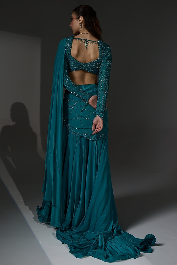 Aqua Teal Organza Trail Draped Wedding Saree Set by Jade By Ashima at Pernia's Pop Up Shop