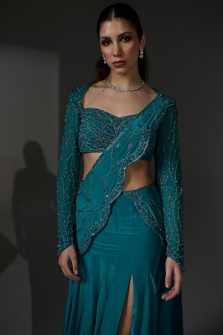 Aqua Teal Organza Trail Draped Wedding Saree Set by Jade By Ashima at Pernia's Pop Up Shop