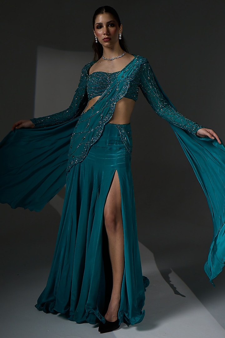 Aqua Teal Organza Trail Draped Wedding Saree Set by Jade By Ashima at Pernia's Pop Up Shop