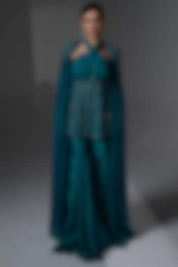 Aqua Teal Organza Cowl Wedding Sharara Set by Jade By Ashima at Pernia's Pop Up Shop