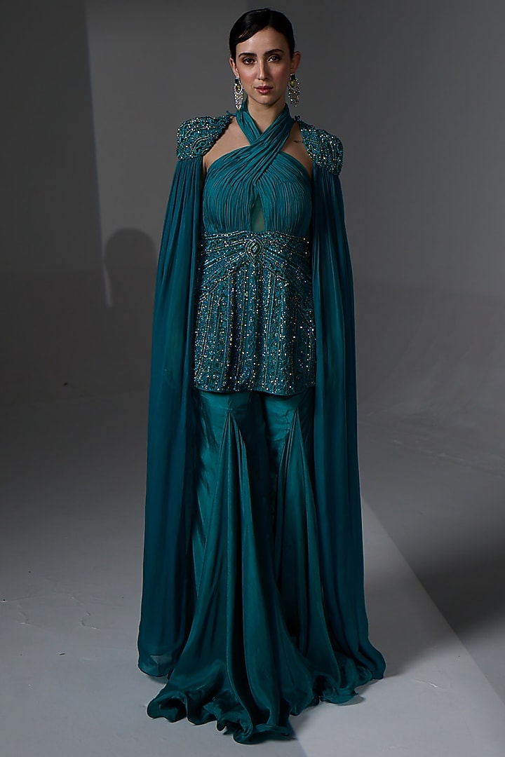 Aqua Teal Organza Cowl Wedding Sharara Set by Jade By Ashima at Pernia's Pop Up Shop