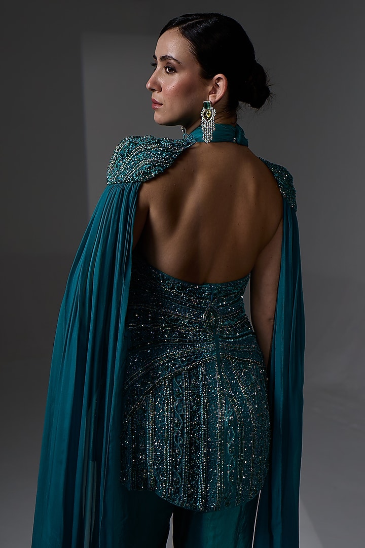 Aqua Teal Organza Cowl Wedding Sharara Set by Jade By Ashima at Pernia's Pop Up Shop