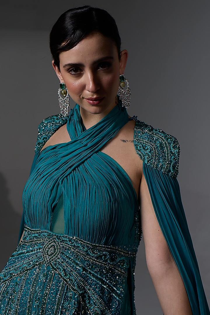 Aqua Teal Organza Cowl Wedding Sharara Set by Jade By Ashima at Pernia's Pop Up Shop