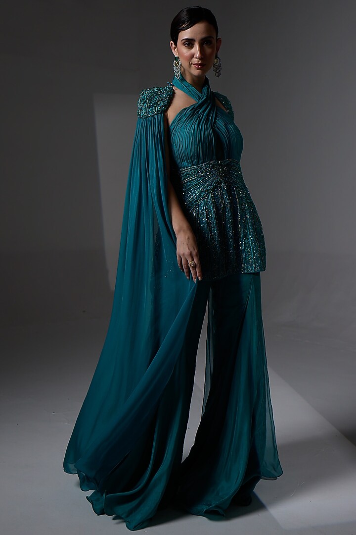 Aqua Teal Organza Cowl Wedding Sharara Set by Jade By Ashima at Pernia's Pop Up Shop
