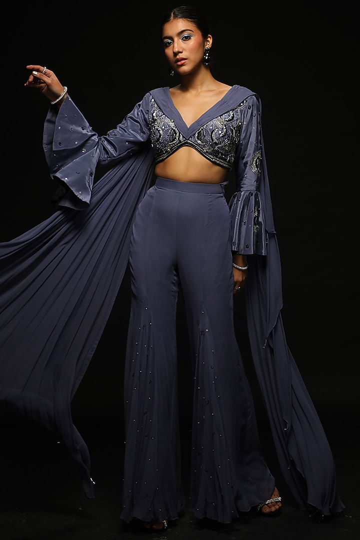 Ash Purple Georgette & Crepe Kalidar Wedding Sharara Set by Jade By Ashima at Pernia's Pop Up Shop
