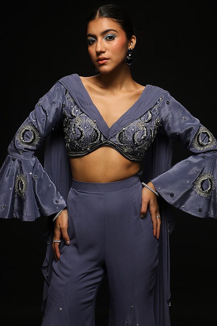 Ash Purple Georgette & Crepe Kalidar Wedding Sharara Set by Jade By Ashima at Pernia's Pop Up Shop