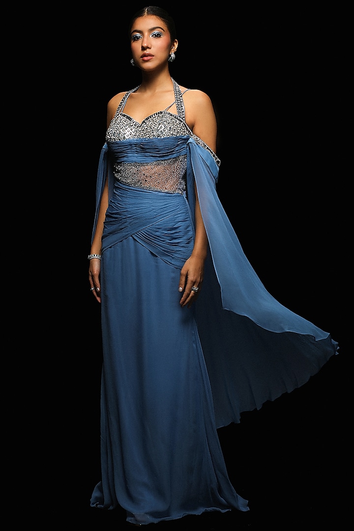 Dusty Blue Georgette Hand Embroidered Draped Gown by Jade By Ashima at Pernia's Pop Up Shop