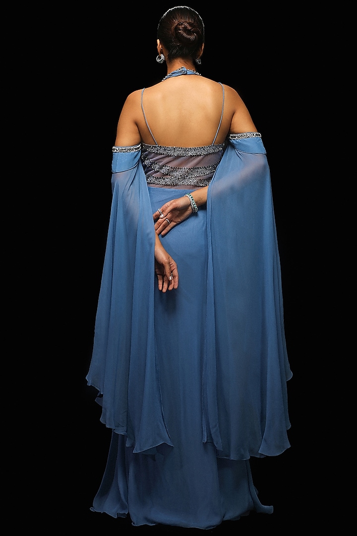 Dusty Blue Georgette Hand Embroidered Draped Engagement Gown by Jade By Ashima at Pernia's Pop Up Shop