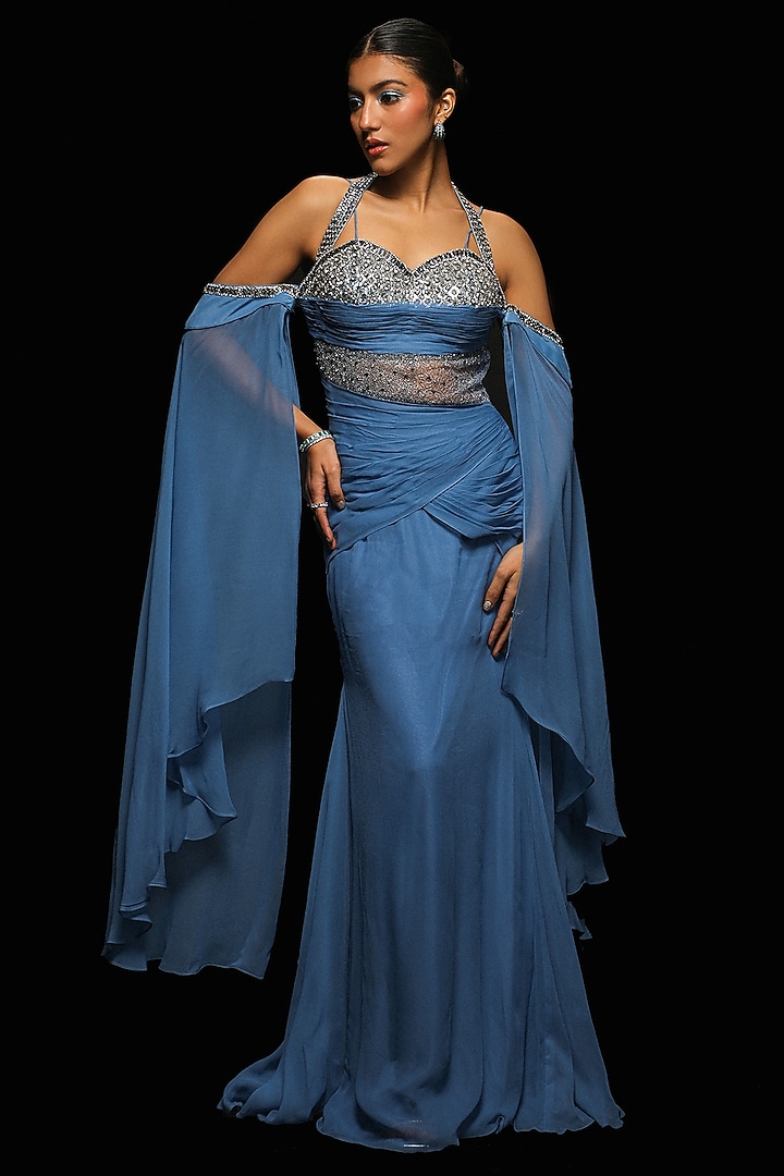 Dusty Blue Georgette Hand Embroidered Draped Engagement Gown by Jade By Ashima at Pernia's Pop Up Shop