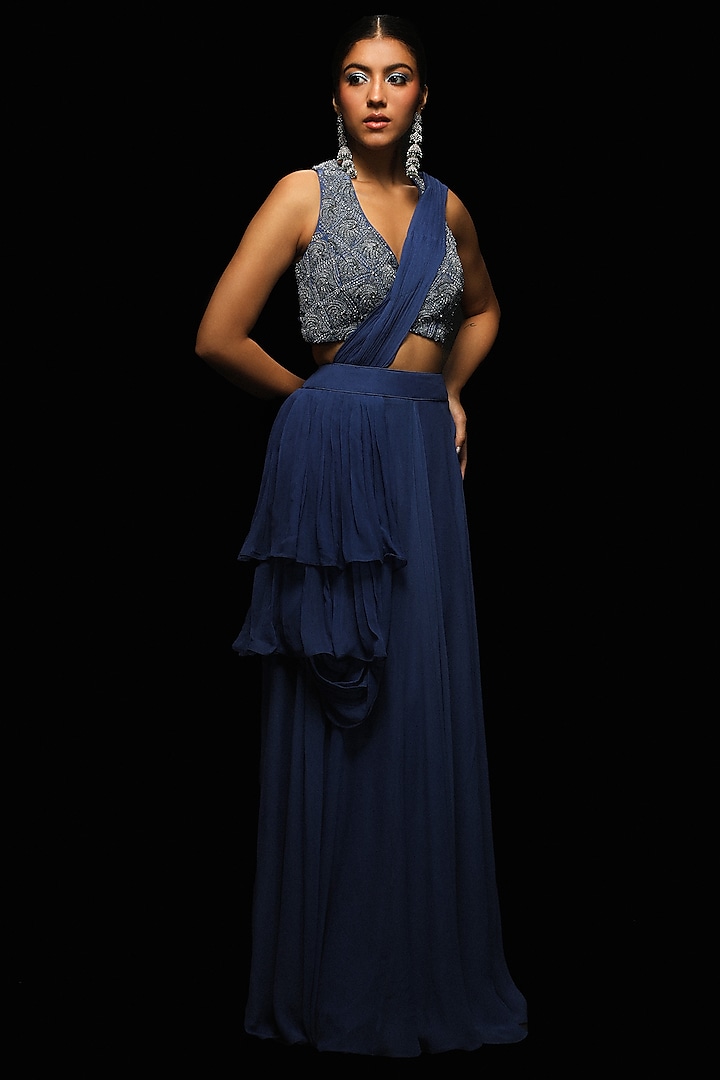 Midnight Blue Georgette Draped Saree Set by Jade By Ashima at Pernia's Pop Up Shop