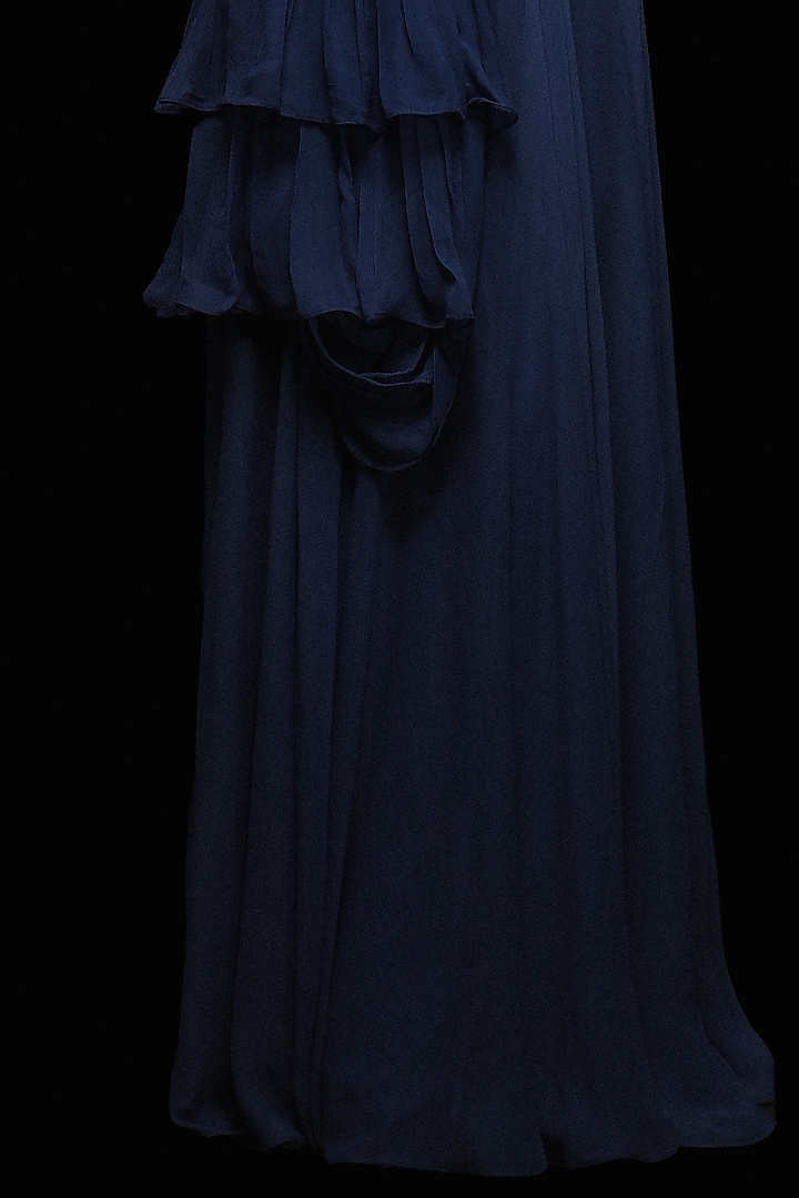 Midnight Blue Georgette Draped Wedding Saree Set by Jade By Ashima at Pernia's Pop Up Shop