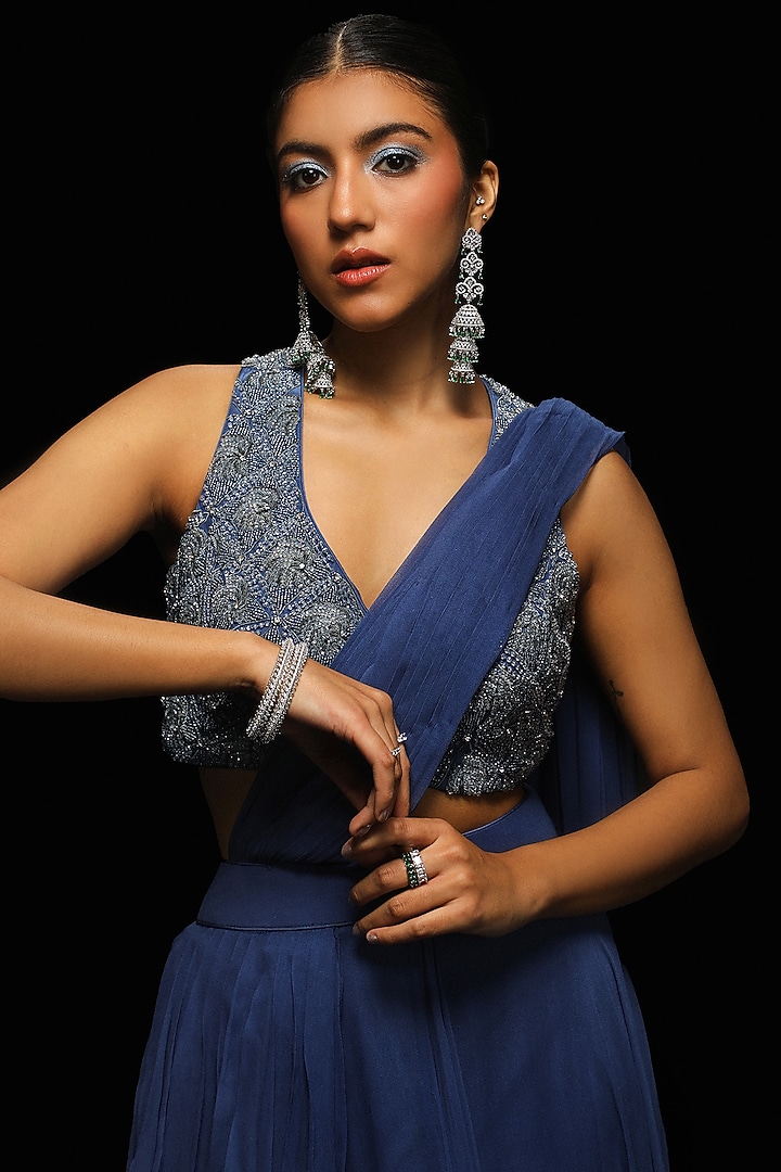 Midnight Blue Georgette Draped Wedding Saree Set by Jade By Ashima at Pernia's Pop Up Shop