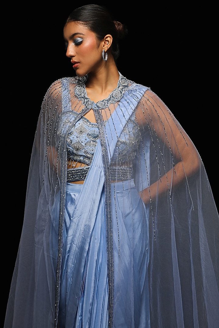 Pastel Lilac Crepe Draped Wedding Saree Set by Jade By Ashima at Pernia's Pop Up Shop