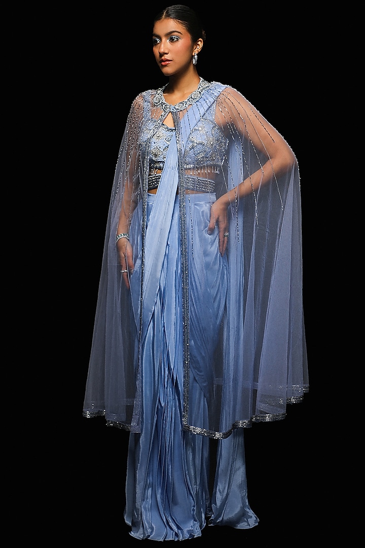 Pastel Lilac Crepe Draped Wedding Saree Set by Jade By Ashima at Pernia's Pop Up Shop
