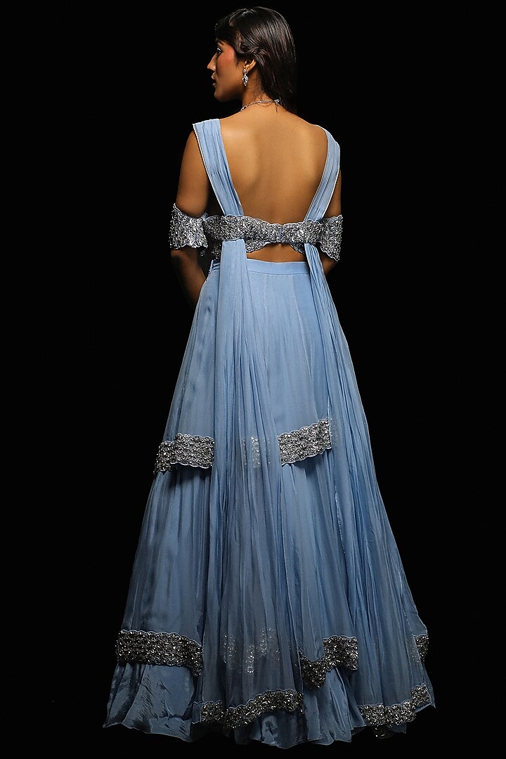 Blue Silk Georgette Tiered Skirt Set by Jade By Ashima at Pernia's Pop Up Shop