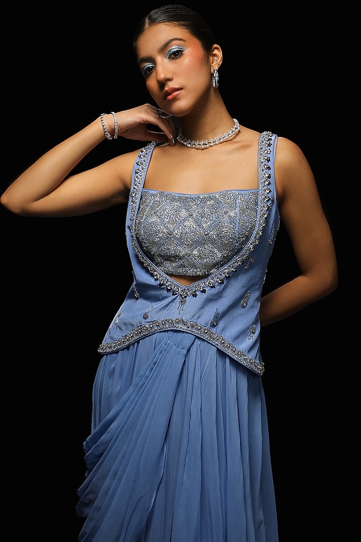 Pastel Lilac Crepe Draped Wedding Saree Set by Jade By Ashima at Pernia's Pop Up Shop