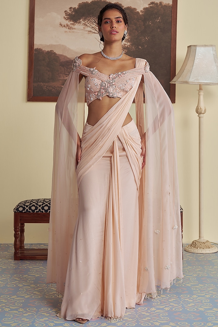 Pastel Pink Chinon & Organza Draped Saree Set by Jade By Ashima at Pernia's Pop Up Shop