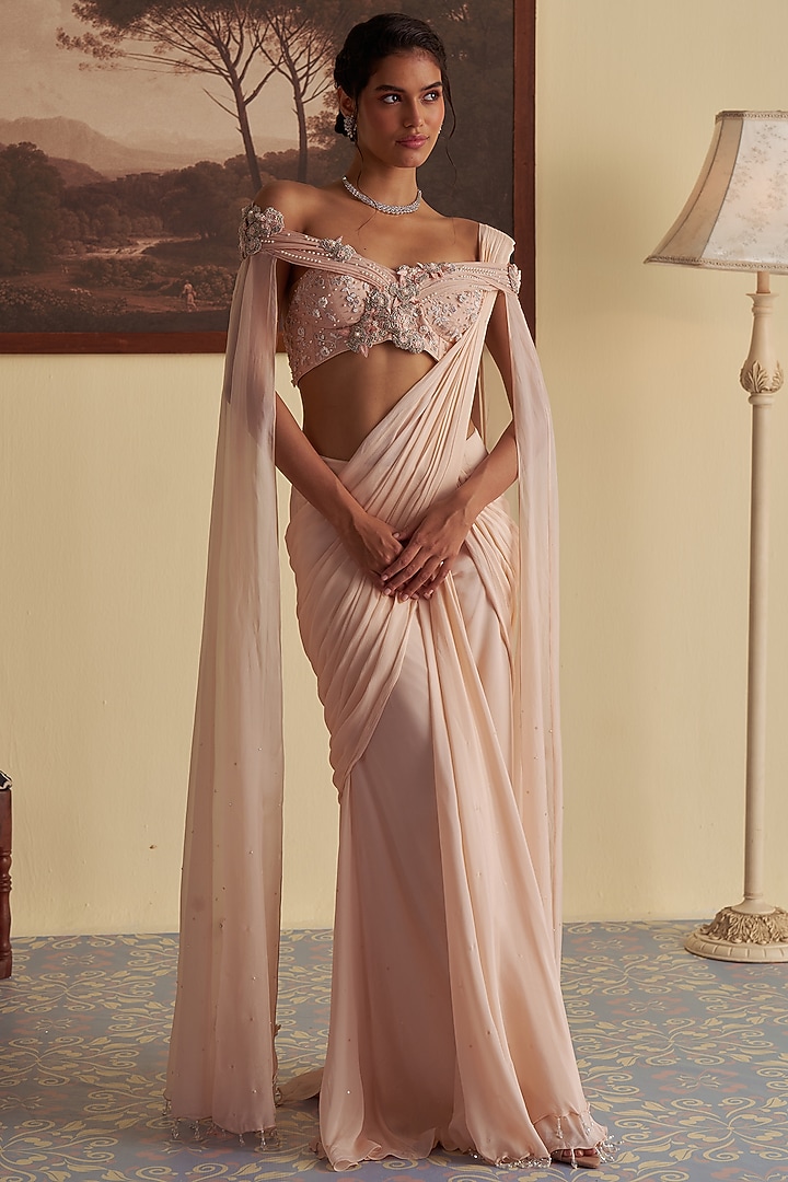 Pastel Pink Chinon & Organza Draped Wedding Saree Set by Jade By Ashima at Pernia's Pop Up Shop