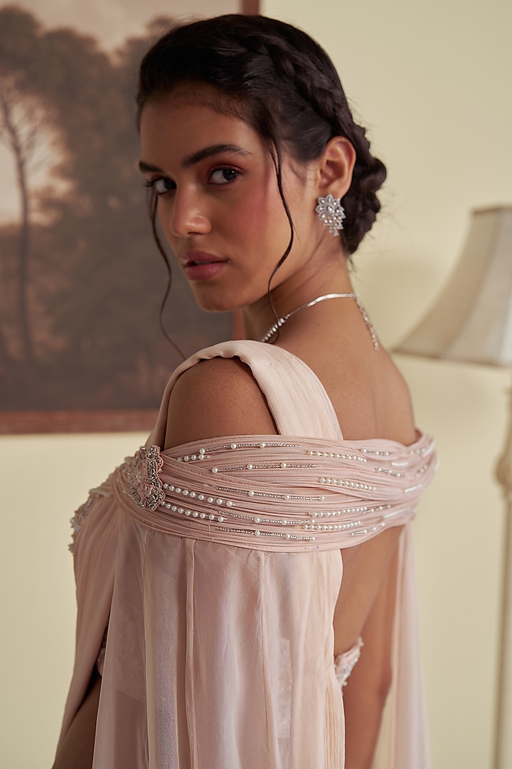 Pastel Pink Chinon & Organza Draped Wedding Saree Set by Jade By Ashima at Pernia's Pop Up Shop