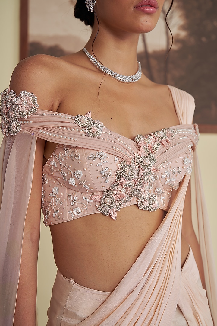 Pastel Pink Chinon & Organza Draped Wedding Saree Set by Jade By Ashima at Pernia's Pop Up Shop