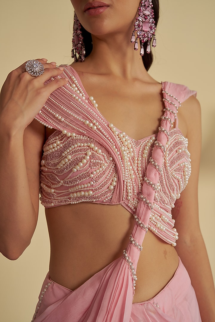 Pink Organza Aari Embroidered Draped Wedding Saree Set by Jade By Ashima at Pernia's Pop Up Shop