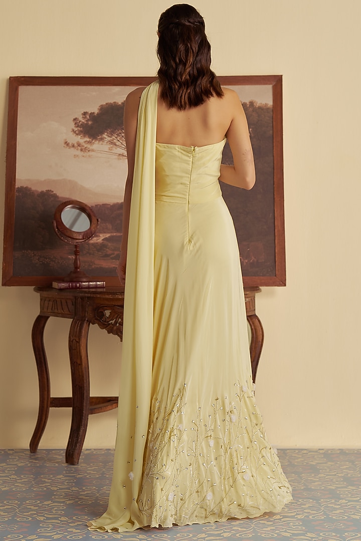 Pastel Yellow Crepe & Organza Aari Embroidered Skirt Set by Jade By Ashima at Pernia's Pop Up Shop