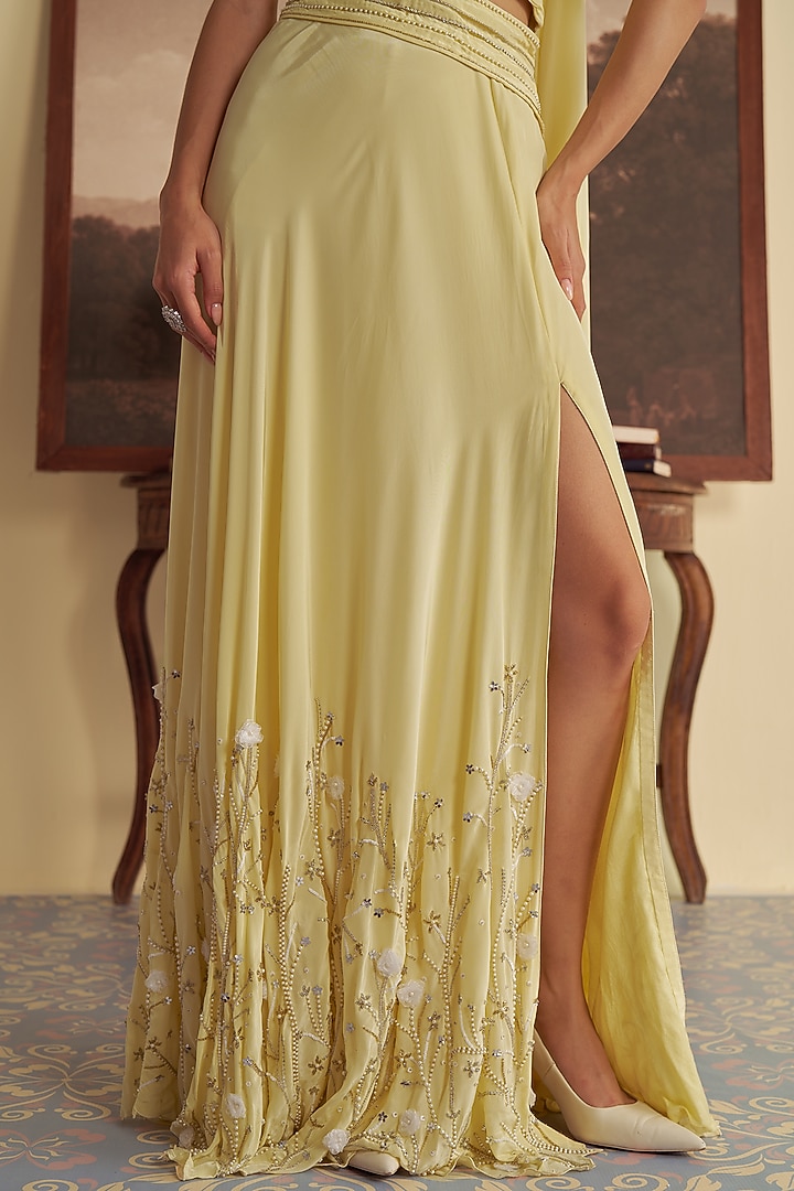 Pastel Yellow Crepe & Organza Aari Embroidered Skirt Set by Jade By Ashima at Pernia's Pop Up Shop