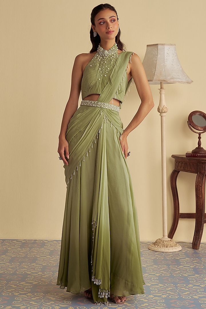 Green Ombre Organza Aari Embroidered Draped Saree Set by Jade By Ashima at Pernia's Pop Up Shop