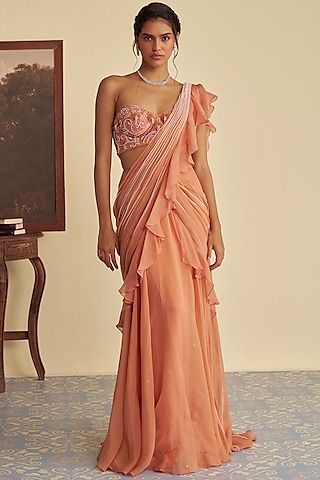 Rust Orange Organza Draped Ruffled Saree Set by Jade By Ashima
