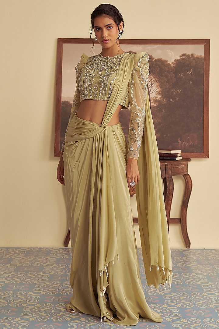 Olive Green Crepe Aari Embroidered Draped Saree Set by Jade By Ashima at Pernia's Pop Up Shop