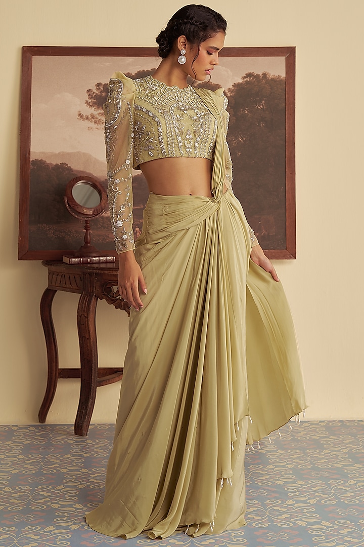 Olive Green Crepe Aari Embroidered Draped Wedding Saree Set by Jade By Ashima at Pernia's Pop Up Shop