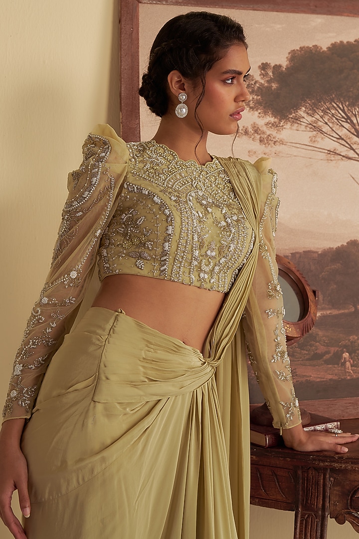 Olive Green Crepe Aari Embroidered Draped Wedding Saree Set by Jade By Ashima at Pernia's Pop Up Shop