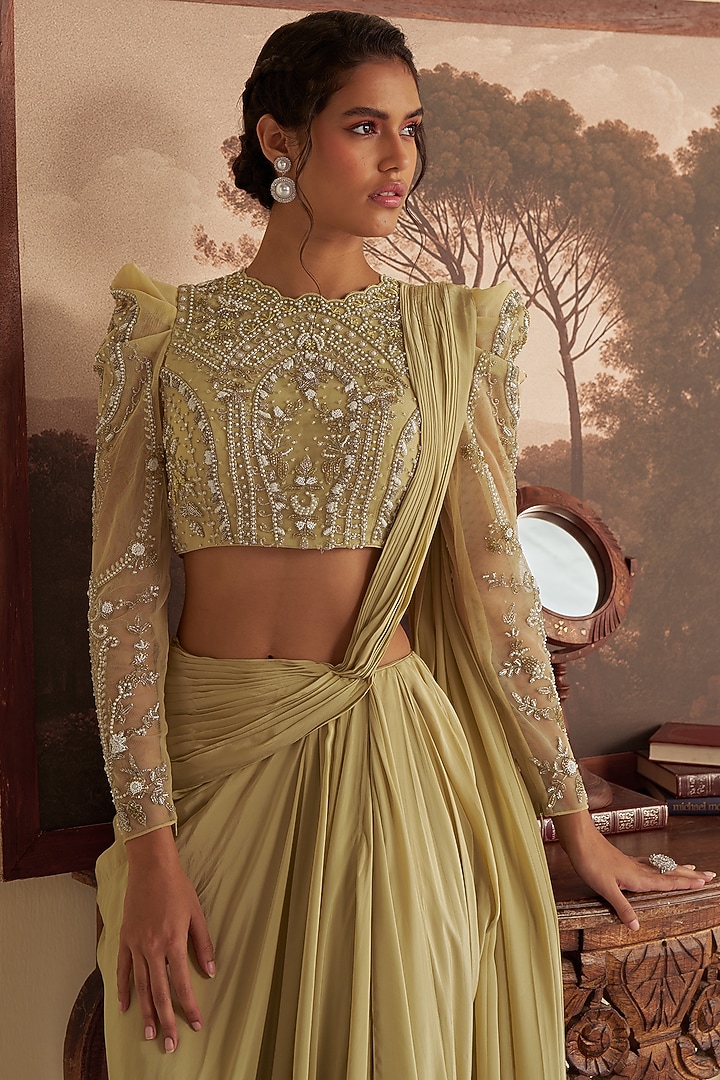 Olive Green Crepe Aari Embroidered Draped Wedding Saree Set by Jade By Ashima at Pernia's Pop Up Shop