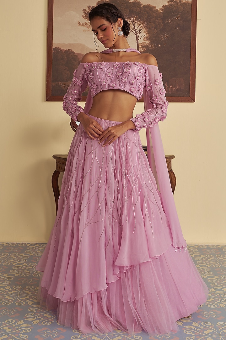 Lavender Purple Organza & Butterfly Net Tiered Wedding Lehenga Set by Jade By Ashima at Pernia's Pop Up Shop