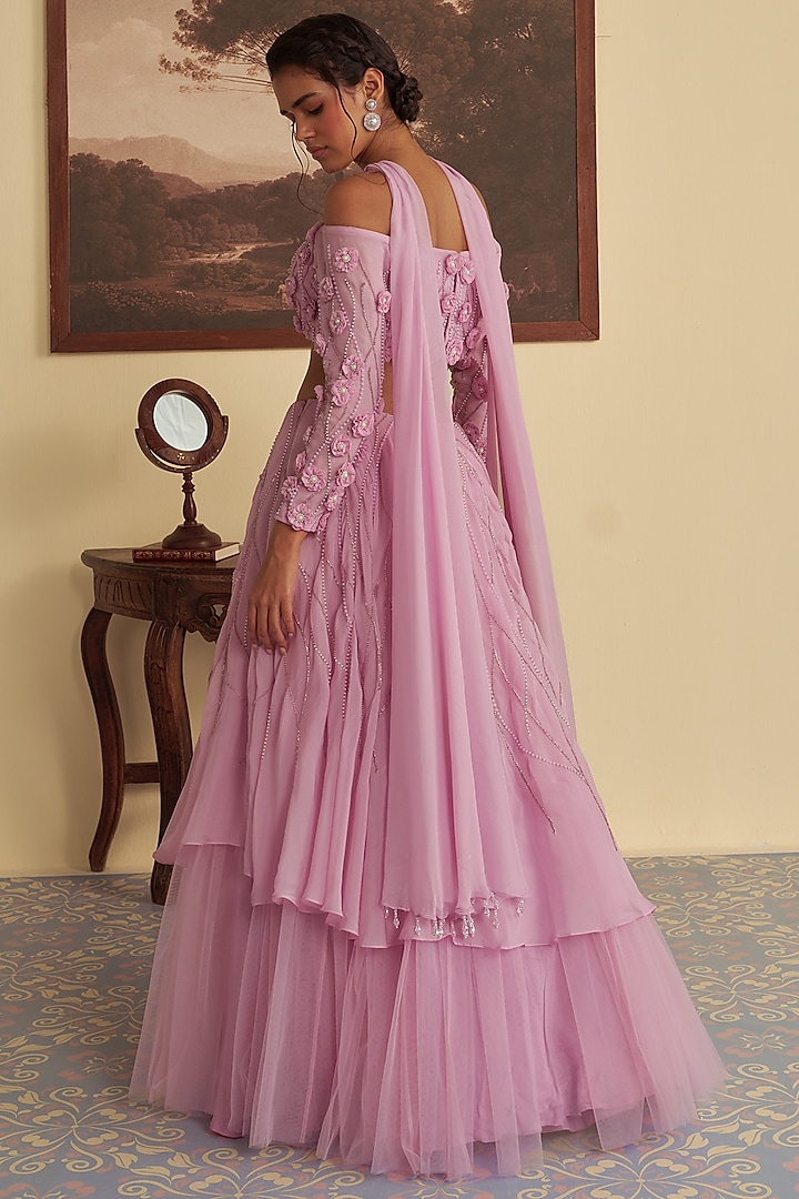 Lavender Purple Organza & Butterfly Net Tiered Wedding Lehenga Set by Jade By Ashima at Pernia's Pop Up Shop