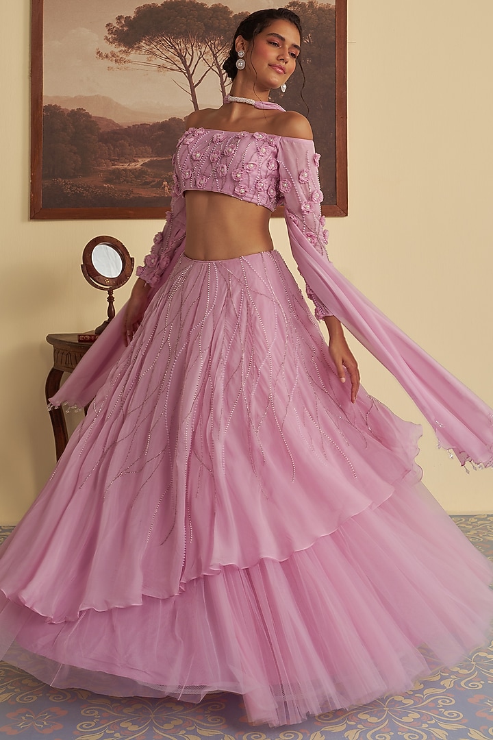 Lavender Purple Organza & Butterfly Net Tiered Wedding Lehenga Set by Jade By Ashima at Pernia's Pop Up Shop
