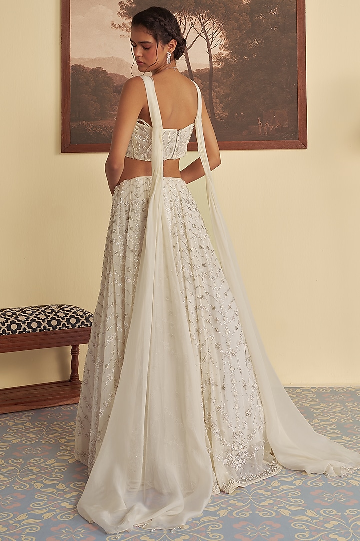 White Organza & Net Pearl Embroidered Bridal Lehenga Set by Jade By Ashima at Pernia's Pop Up Shop