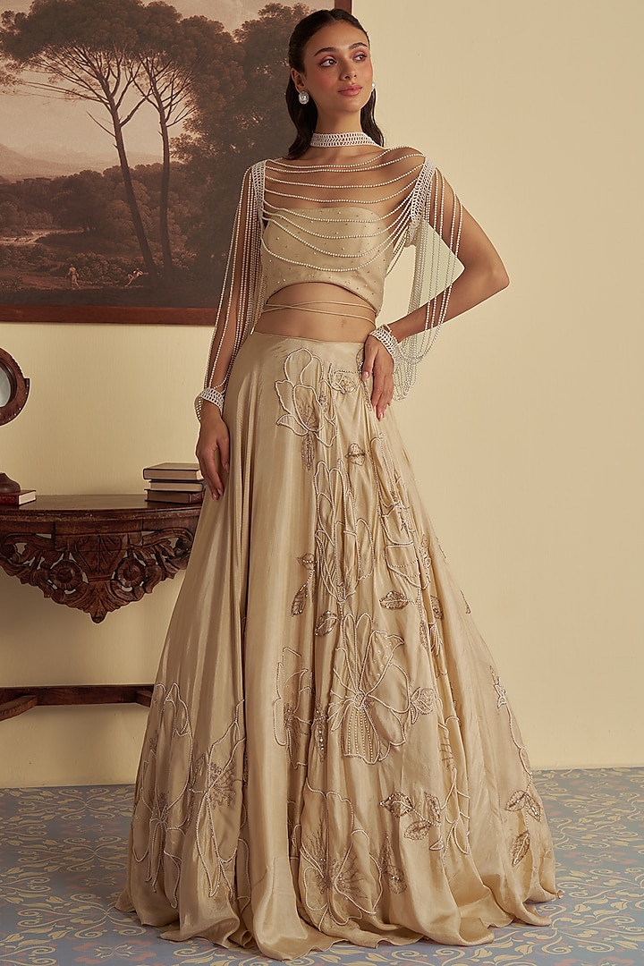 Beige Organza Aari Embroidered Jacket Wedding Lehenga Set by Jade By Ashima at Pernia's Pop Up Shop