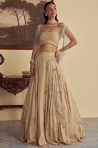 Beige Organza Aari Embroidered Jacket Lehenga Set by Jade By Ashima