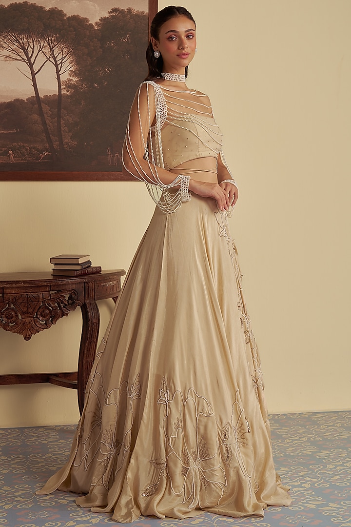 Beige Organza Aari Embroidered Jacket Wedding Lehenga Set by Jade By Ashima at Pernia's Pop Up Shop