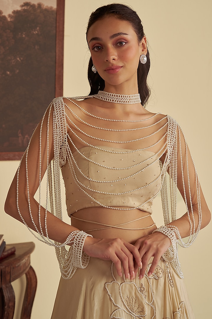 Beige Organza Aari Embroidered Jacket Wedding Lehenga Set by Jade By Ashima at Pernia's Pop Up Shop