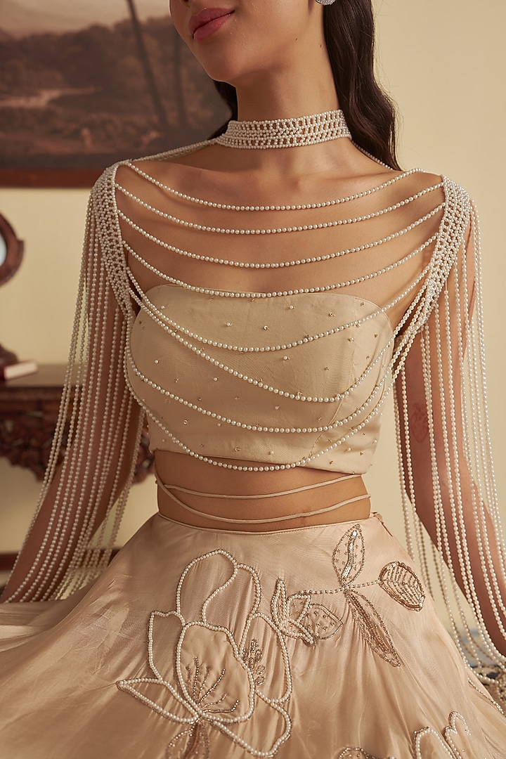 Beige Organza Aari Embroidered Jacket Wedding Lehenga Set by Jade By Ashima at Pernia's Pop Up Shop